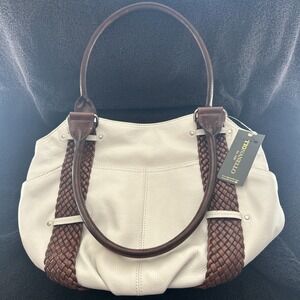 NEW Tignanello White Brown Braided 100% Leather Satchel Shoulder Bag Purse